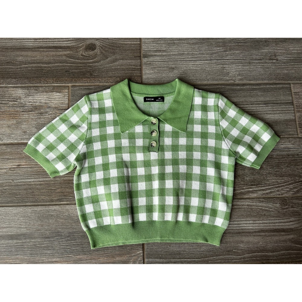 SHEIN Green Gingham Knit‎ Polo Shirt Short Sleeve Cottagecore Top Small/Medium